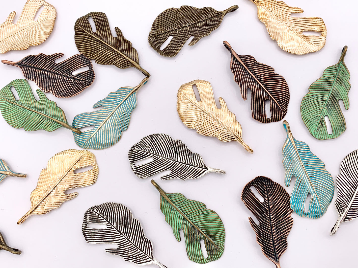 22x43mm Pewter Curved Leaf Pendants Bulk Order in Rosy Gold, Silver, Brass, Copper and Patina