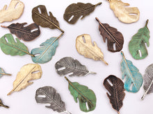 Load image into Gallery viewer, 22x43mm Pewter Curved Leaf Pendants Bulk Order in Rosy Gold, Silver, Brass, Copper and Patina
