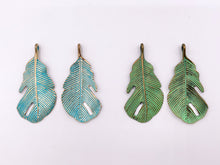 Load image into Gallery viewer, 22x43mm Pewter Curved Leaf Pendants Bulk Order in Rosy Gold, Silver, Brass, Copper and Patina
