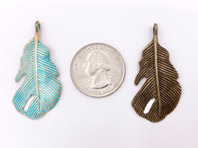 Load image into Gallery viewer, 22x43mm Pewter Curved Leaf Pendants Bulk Order in Rosy Gold, Silver, Brass, Copper and Patina

