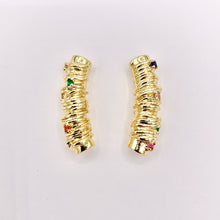Cargar imagen en el visor de la galería, 1" Long Etched Tube Cylinder Beads with Colorful CZ Pave in Real 18K Gold Plated Over Brass For Jewelry Making/Designs 8 PCS
