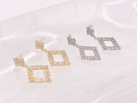Diamond Shape Luxury Baguette CZ Pave Earrings in 18k Gold and Silver Over Copper 2 Pairs