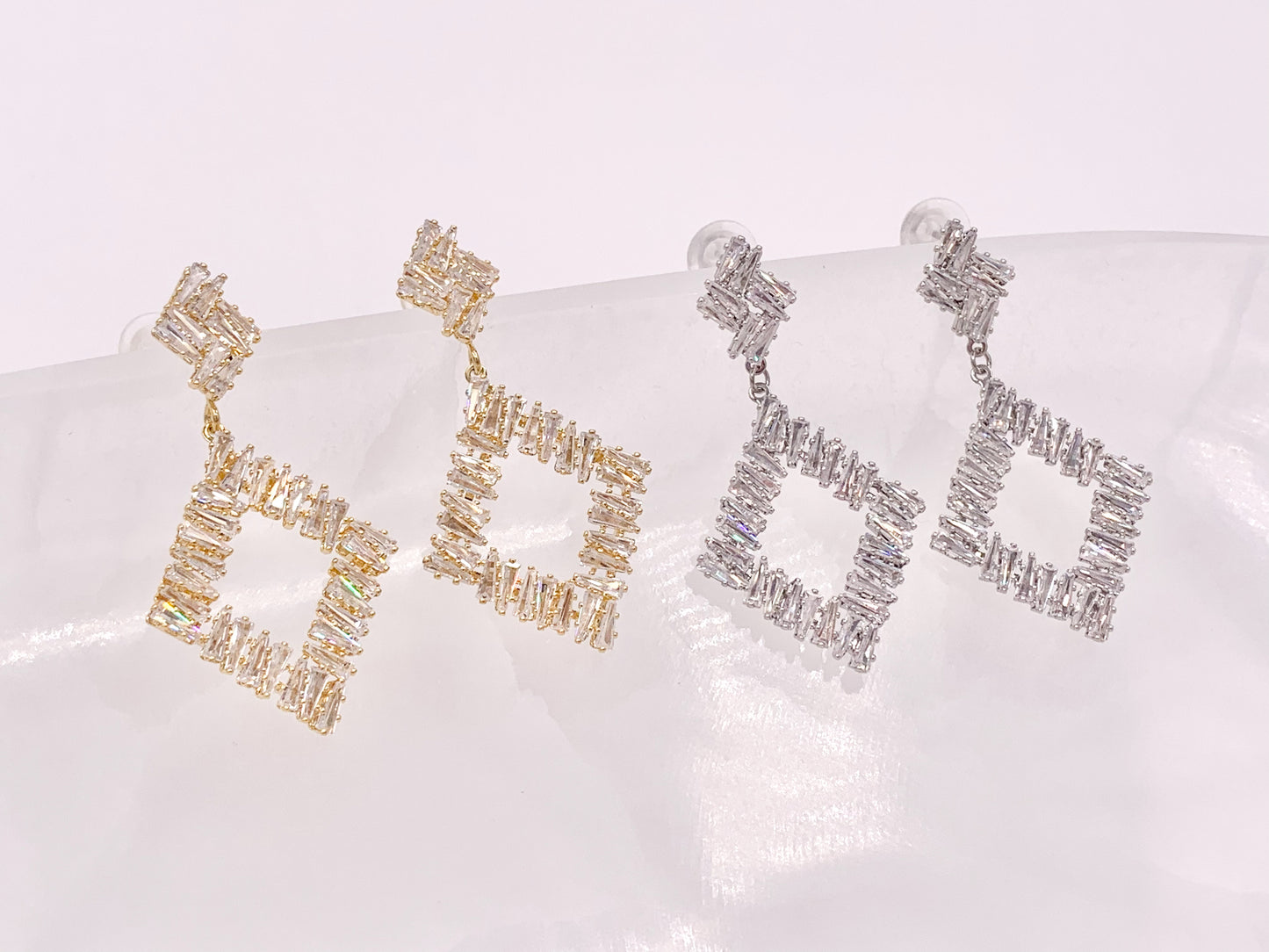 Diamond Shape Luxury Baguette CZ Pave Earrings in 18k Gold and Silver Over Copper 2 Pairs