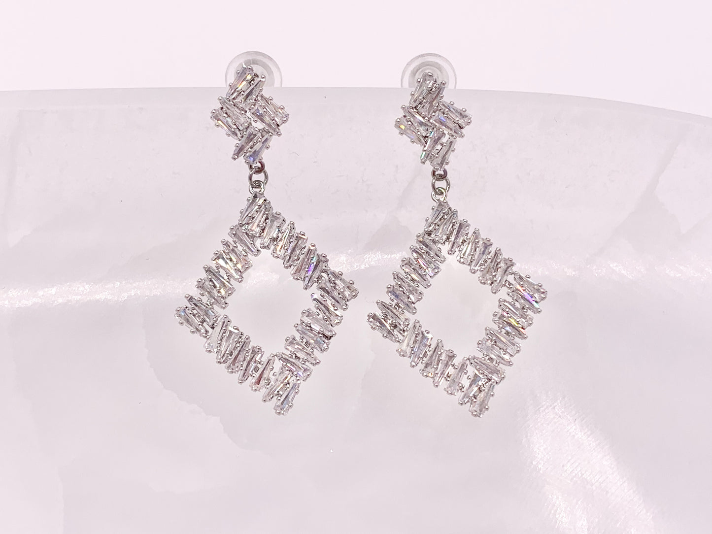 Diamond Shape Luxury Baguette CZ Pave Earrings in 18k Gold and Silver Over Copper 2 Pairs