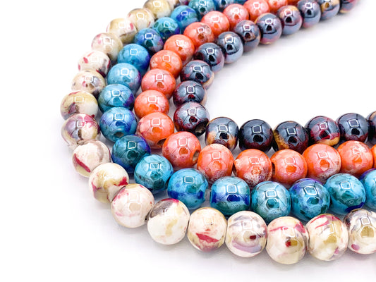 14mm Electroplated Ceramic Porcelain Large Hole Round Shiny Glossy Beads For Jewelry Making In Tortoise, Orange, Blue & Cream Around 11-12"