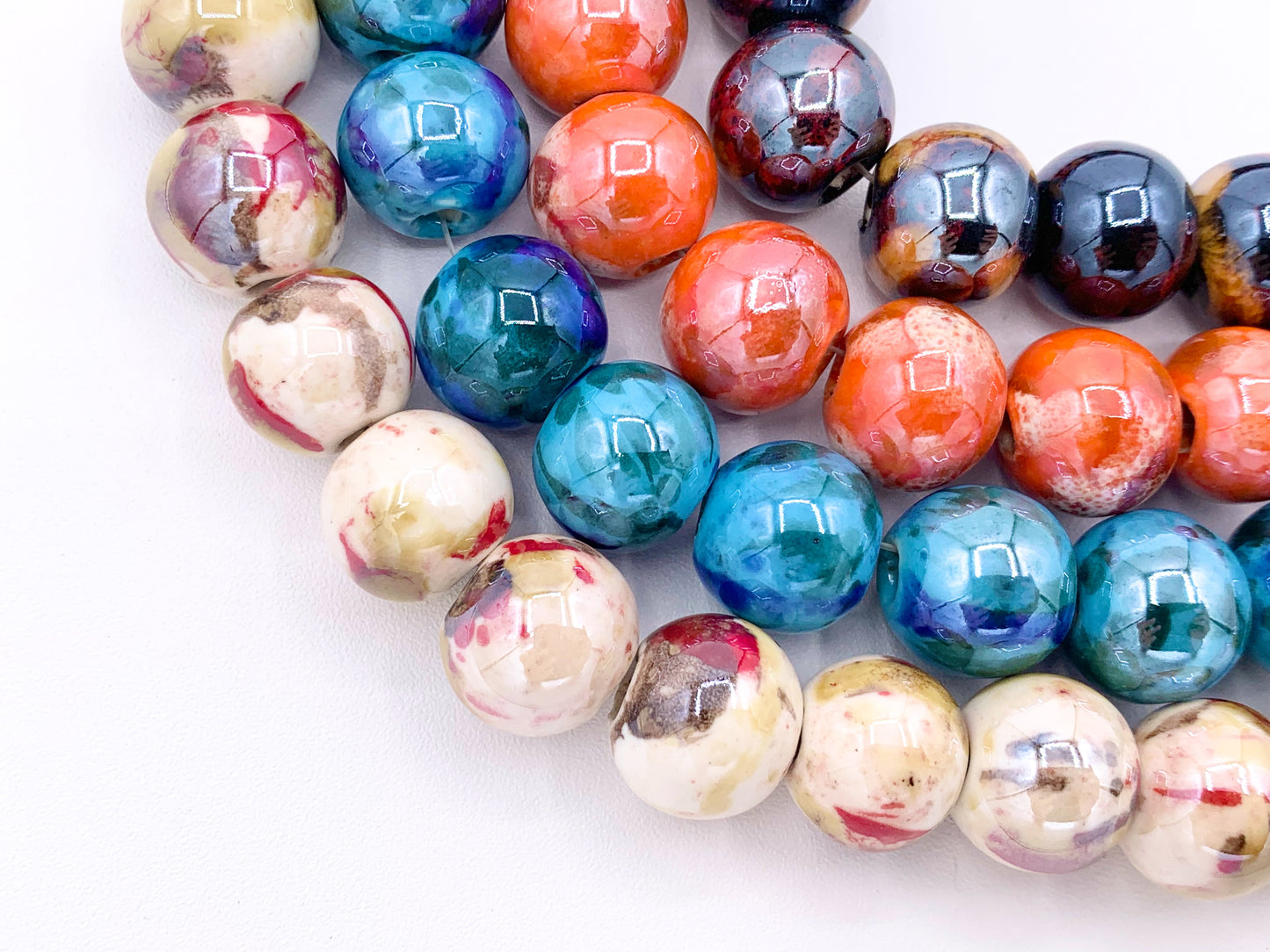 14mm Electroplated Ceramic Porcelain Large Hole Round Shiny Glossy Beads For Jewelry Making In Tortoise, Orange, Blue & Cream Around 11-12"