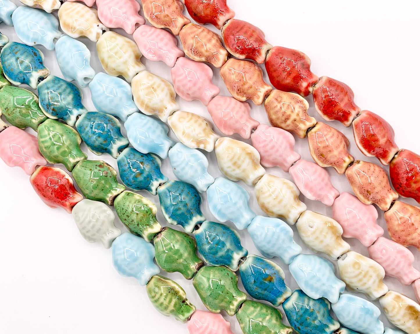 Puffy Fish Shape Ceramic Porcelain Shiny Beads For Jewelry Making 14-15" Price For 1 Strand