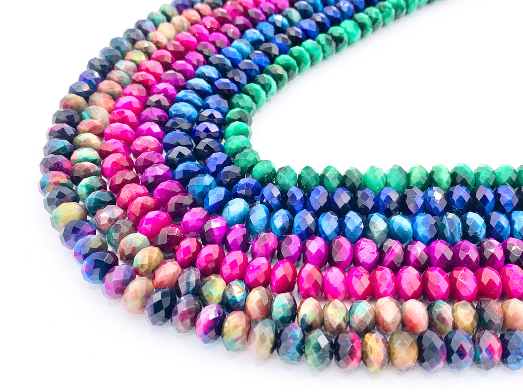 6x8mm Dyed Colorful Tiger's Eye Rondelle Hand Cut Genuine Gemstone Beads in 7 Colors Around 15