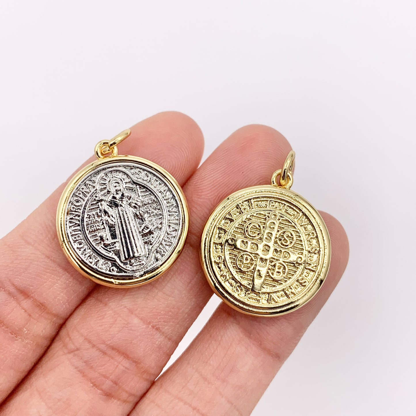 2 Tone Religious St Benedict Charms in 18K Gold & Silver Plated over Copper 6 PCS