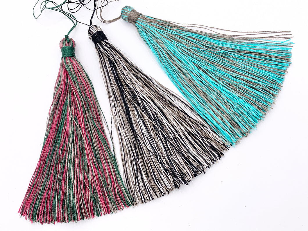 4.75 inches Long Silk Tassel Beautiful Mixed Color Handmade Tassel Large Mala Tassel Magenta/Green, Black/White, Aqua/Gray