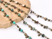 Load image into Gallery viewer, Vintage Dangle Picasso Jasper/ Magnesite/ African Turquoise Natural Stone Round Faceted Rosary Beaded Chain With Brass Wire By Spool 6mm
