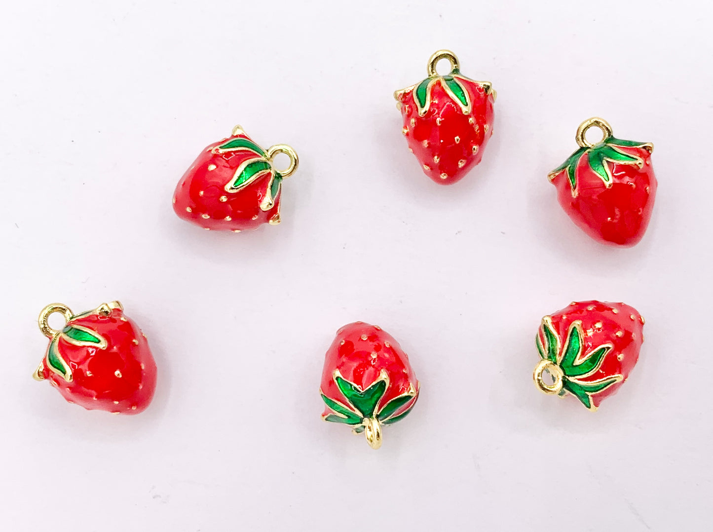 Cute Red Enamel Strawberry Charms 3D Puffy Fruit Charms in 18K Gold Plated Over Copper 10 PCS