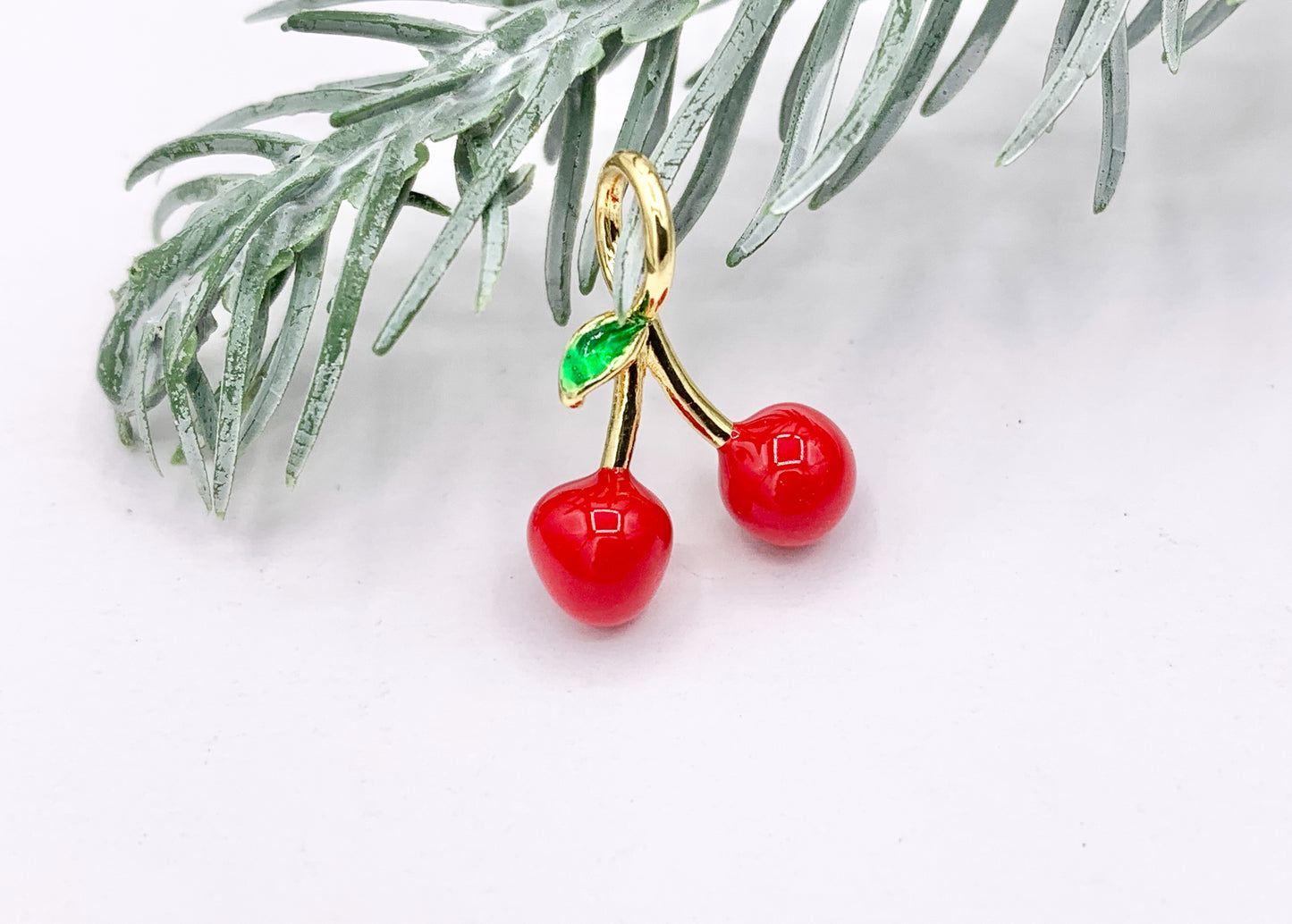 Cute Red Enamel Cherry Charms 3D Puffy Fruit Charms in 18K Gold Plated Over Copper 10 PCS