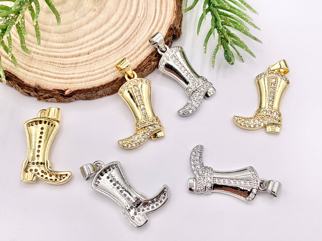 Western Cowboy Boots Texas Ranch One Sided Pendant Charms in CZ Pave 18K Gold/Silver Plated Copper 6 PCS