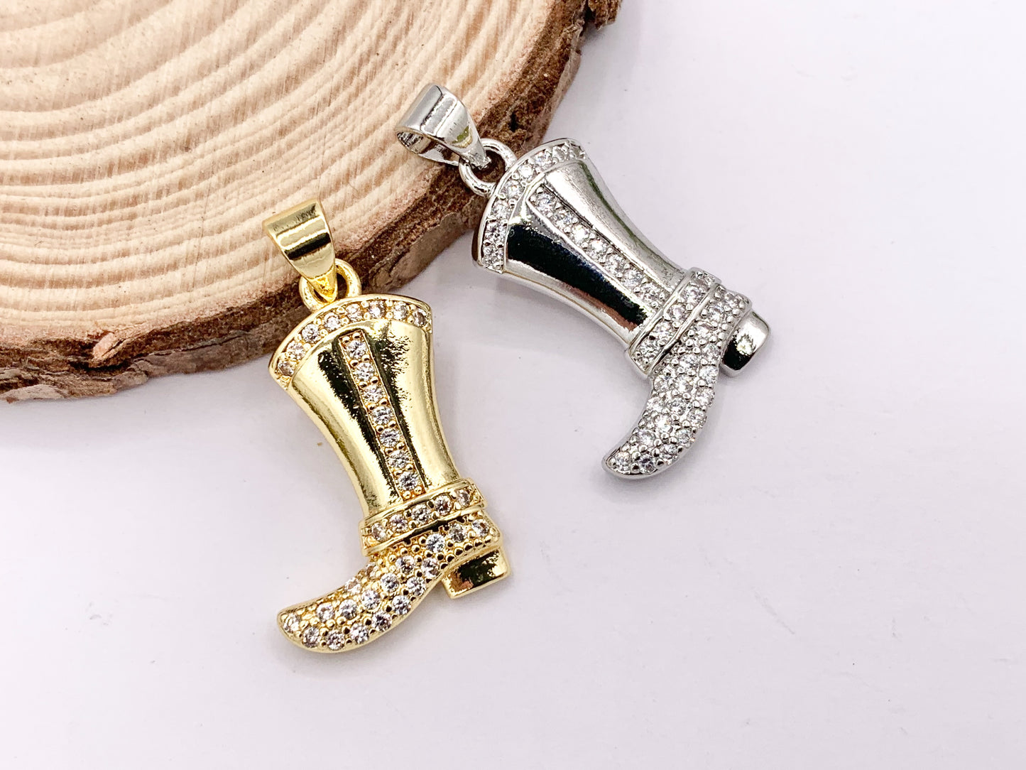 Western Cowboy Boots Texas Ranch One Sided Pendant Charms in CZ Pave 18K Gold/Silver Plated Copper 6 PCS