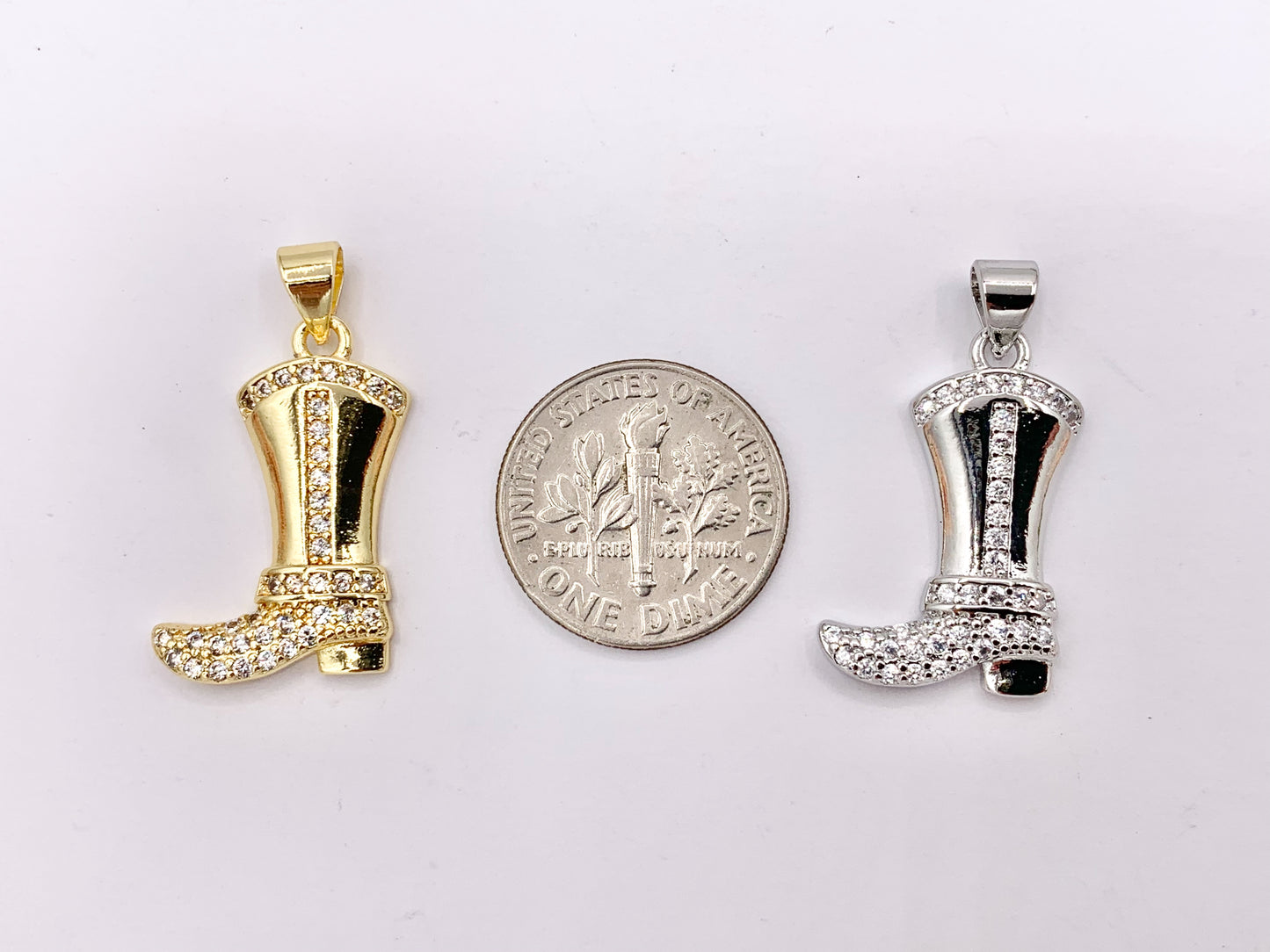 Western Cowboy Boots Texas Ranch One Sided Pendant Charms in CZ Pave 18K Gold/Silver Plated Copper 6 PCS
