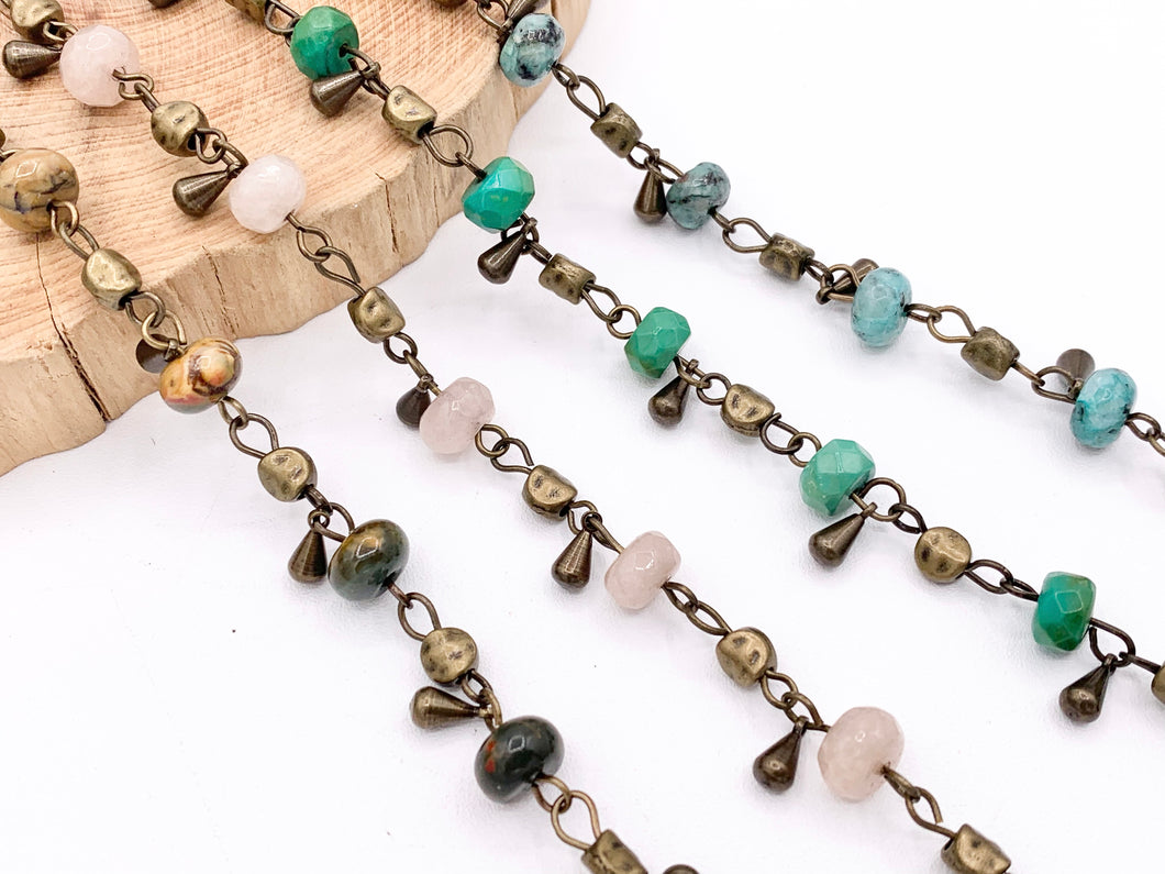 Vintage Dangle Jasper/ Magnesite/ Jade/ Picasso Jasper Natural Stone Rondelle Rosary Style Beaded Chain With Brass Wire By Spool 8mm