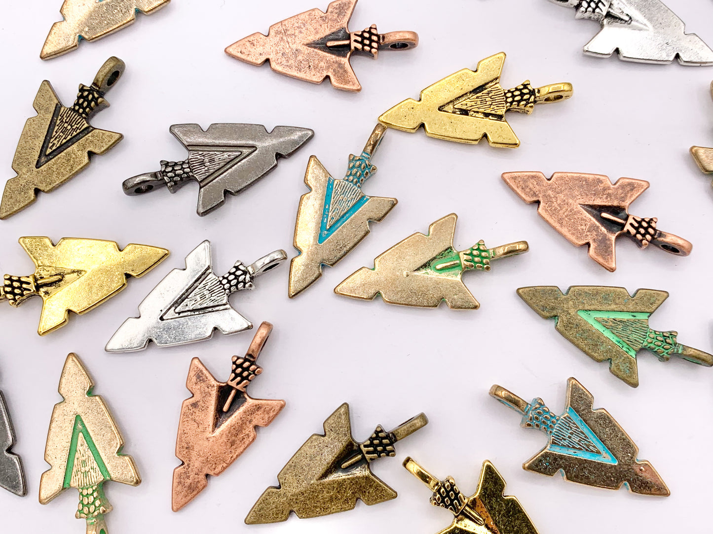 16x31mm Pewter Arrowhead Pendants in Gold, Silver, Copper, Brass, Gunmetal and Blue/Green Patina