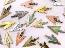 Load image into Gallery viewer, 16x31mm Pewter Arrowhead Pendants in Gold, Silver, Copper, Brass, Gunmetal and Blue/Green Patina
