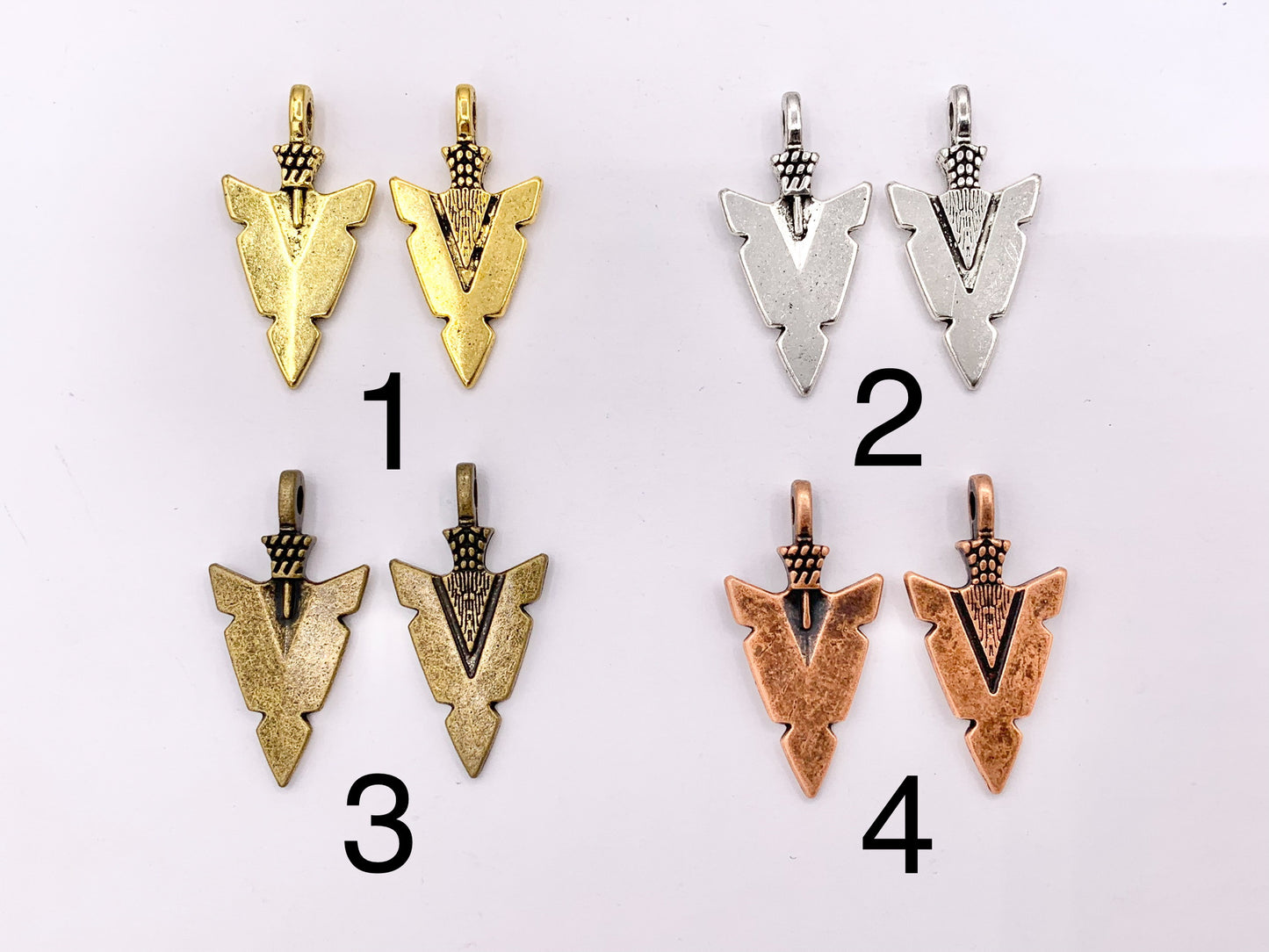 16x31mm Pewter Arrowhead Pendants in Gold, Silver, Copper, Brass, Gunmetal and Blue/Green Patina