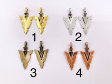 Load image into Gallery viewer, 16x31mm Pewter Arrowhead Pendants in Gold, Silver, Copper, Brass, Gunmetal and Blue/Green Patina
