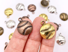 Load image into Gallery viewer, 14mm Pewter One Sided Baseball Pendants Small Curved Coin Sports Charms Bulk Order in Gold, Silver, Copper and Brass 125g
