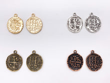 Load image into Gallery viewer, 25mm Pewter Jerusalem Cross Coin Charms in Gold, Silver, Bronze, Copper, Gunmetal, Green &amp; Blue Patina
