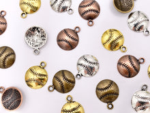 Load image into Gallery viewer, 14mm Pewter One Sided Baseball Pendants Small Curved Coin Sports Charms Bulk Order in Gold, Silver, Copper and Brass 125g
