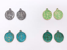 Load image into Gallery viewer, 25mm Pewter Jerusalem Cross Coin Charms in Gold, Silver, Bronze, Copper, Gunmetal, Green &amp; Blue Patina
