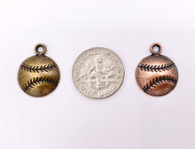 Load image into Gallery viewer, 14mm Pewter One Sided Baseball Pendants Small Curved Coin Sports Charms Bulk Order in Gold, Silver, Copper and Brass 125g
