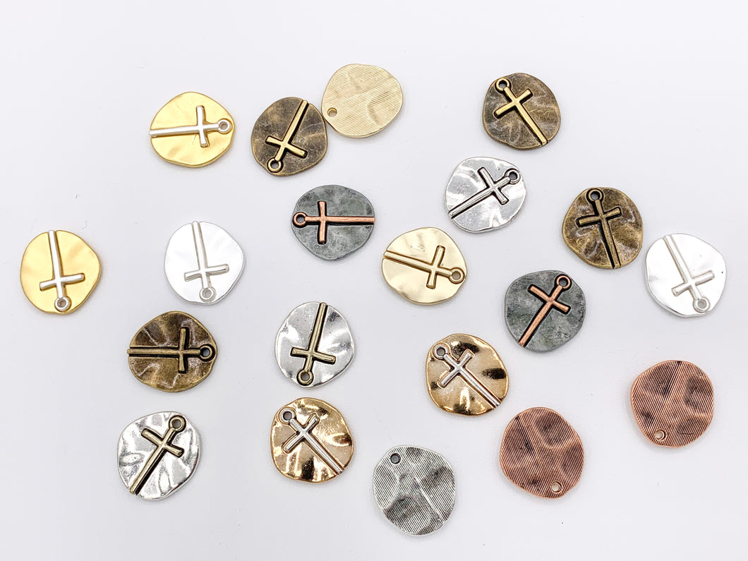 19mm Pewter Small Free Formed Cross Coin Charms Religious Pendant in 10 Colors