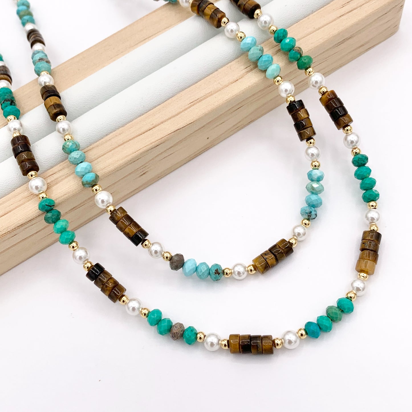 Delicate Tiger's Eye, Magnesite & Pearl Necklaces 18K Gold Plated Copper Choker Finished Necklace 16.5" Price For 1 Necklace