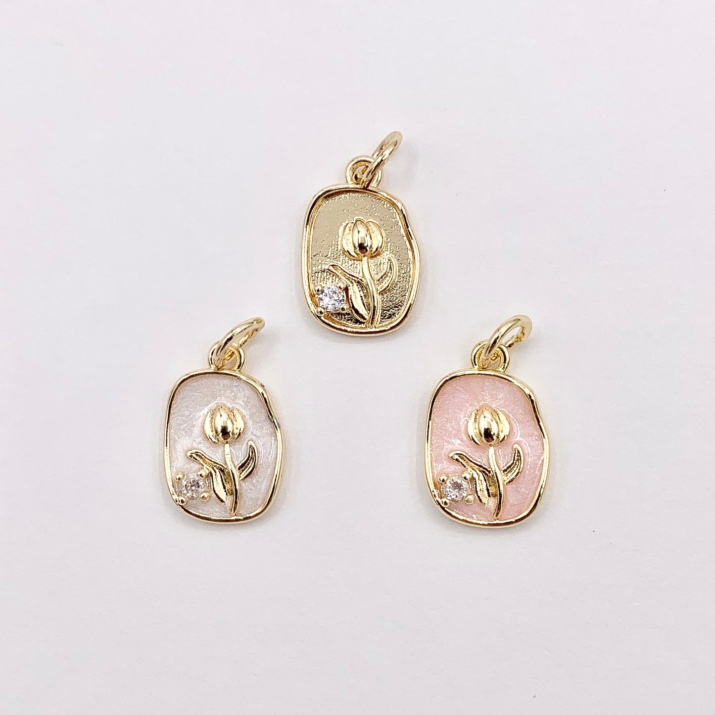 White & Pink Acetate CZ Pave Tulip Flower in Oval Pendant in Real Gold 18K Plated Over Copper 10 PCS