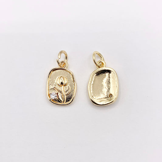 White & Pink Acetate CZ Pave Tulip Flower in Oval Pendant in Real Gold 18K Plated Over Copper 10 PCS