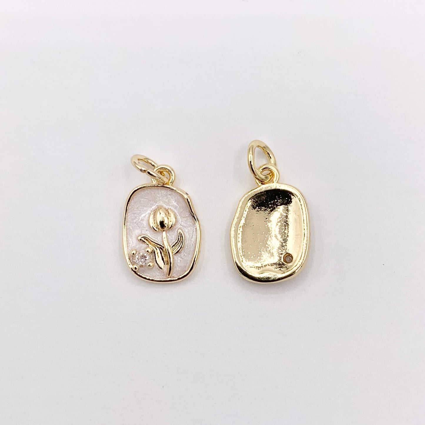 White & Pink Acetate CZ Pave Tulip Flower in Oval Pendant in Real Gold 18K Plated Over Copper 10 PCS