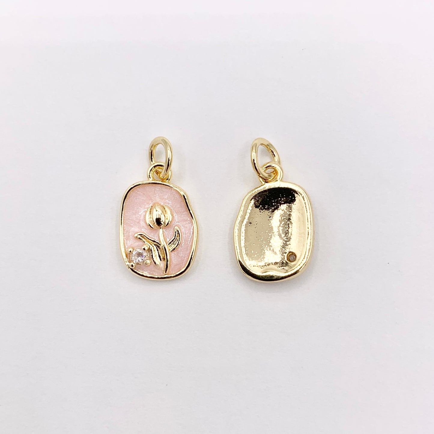 White & Pink Acetate CZ Pave Tulip Flower in Oval Pendant in Real Gold 18K Plated Over Copper 10 PCS