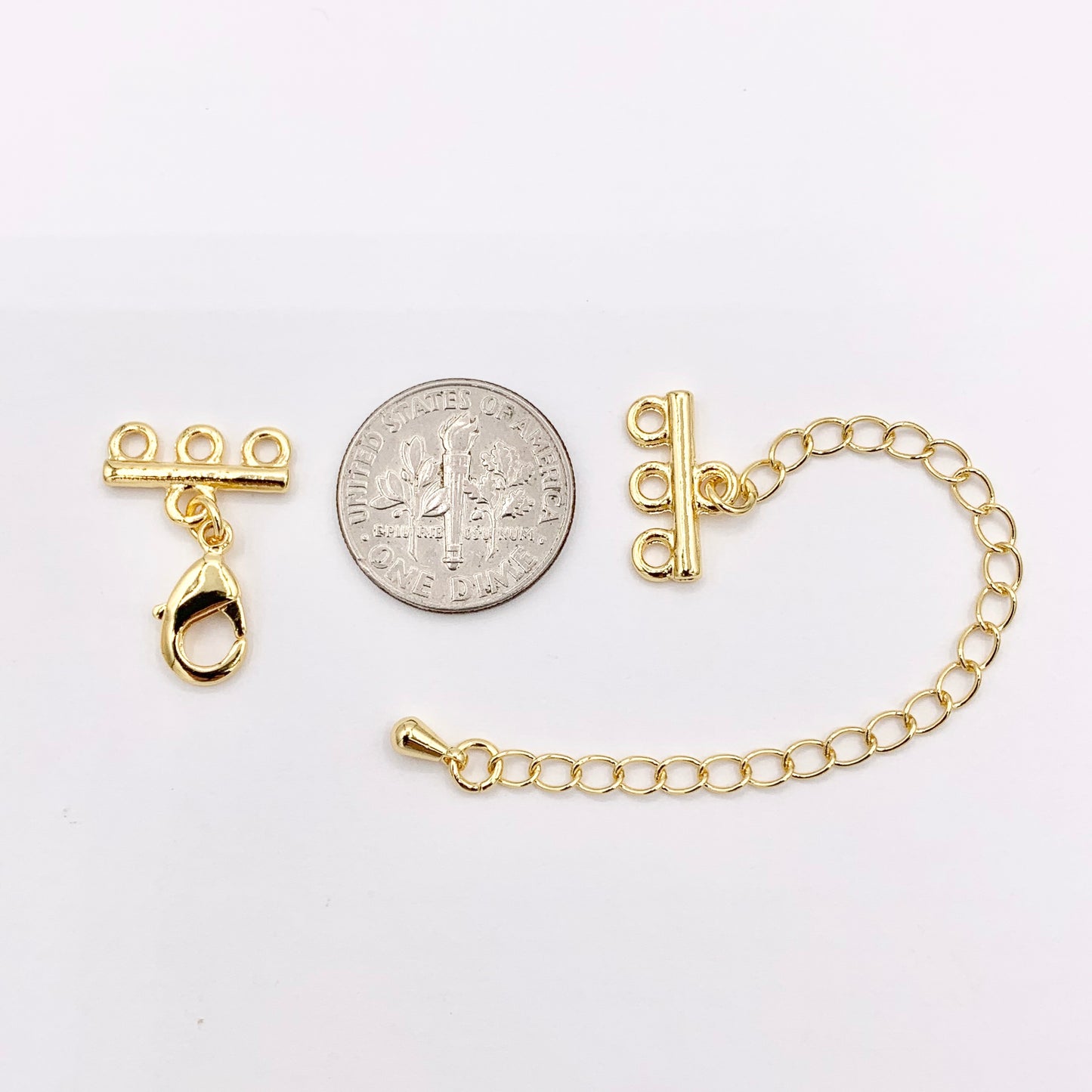 3 Strand Gold Lobster Clasps + 3" Extender Chain in 18K Gold Plated Copper Triple Clasp Component for Jewelry Making 10 PCS