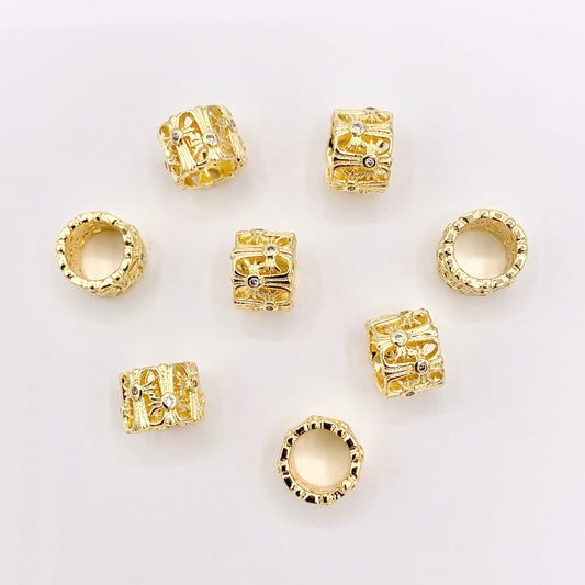 7x9mm Filigree Tube Spacer Beads | Real Gold 18K Plated Micro CZ Pave Barrel Space Beads Over Brass for Jewelry Making 12 PCS