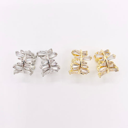 Irregular Horizontal Lined Micro Pave CZ Earring Huggies in Real 18K Gold/Silver Plated Copper 15mm 3 PAIRS