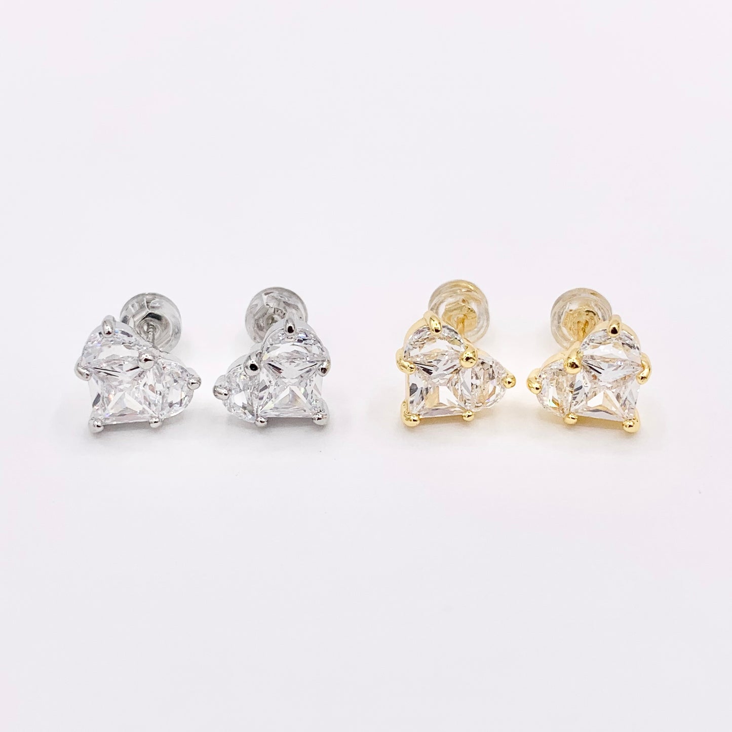 Cute Tiny Heart Earring Studs in Rhinestone CZ Pave Designed in 18K Gold or Silver Plated Copper 4 PAIRS