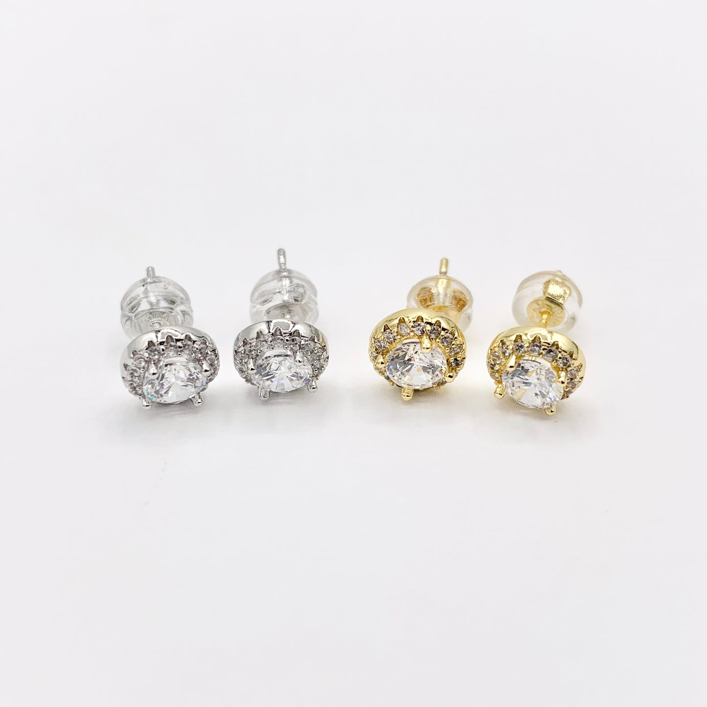 18K Gold/Platinum Plated CZ Pave Round Halo Earring Studs Over Copper 5 PAIRS