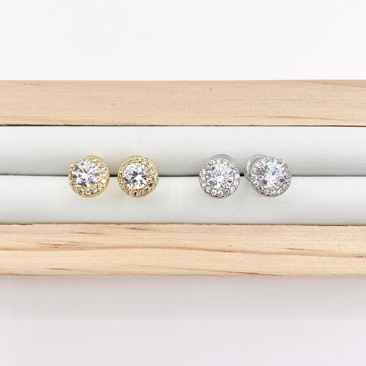 18K Gold/Platinum Plated CZ Pave Round Halo Earring Studs Over Copper 5 PAIRS