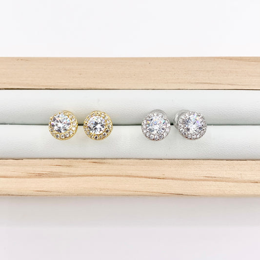 18K Gold/Platinum Plated CZ Pave Round Halo Earring Studs Over Copper 5 PAIRS