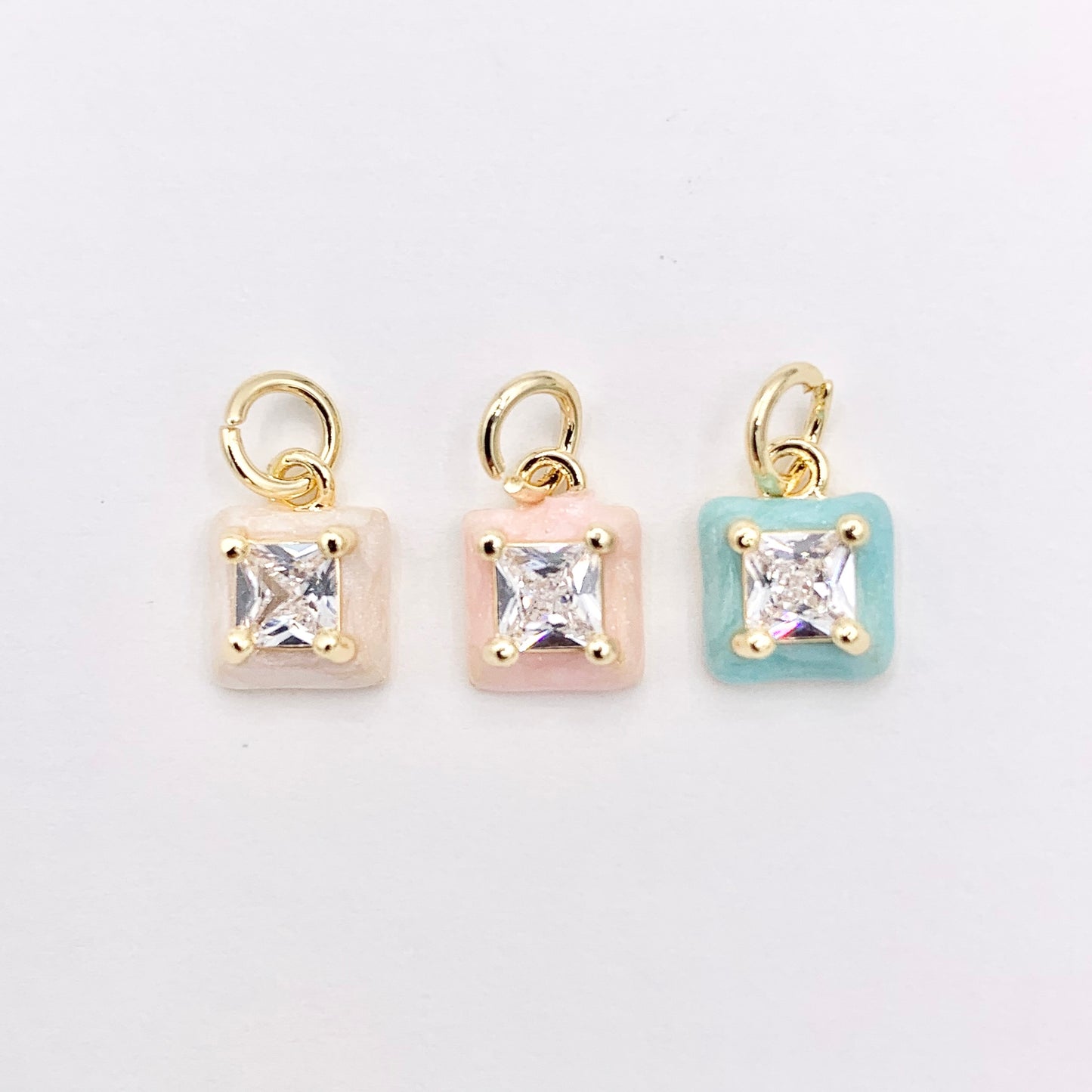 Real Gold 18K Plated Enamel & CZ Pave Tiny Square Charm Over Copper 10 PCS
