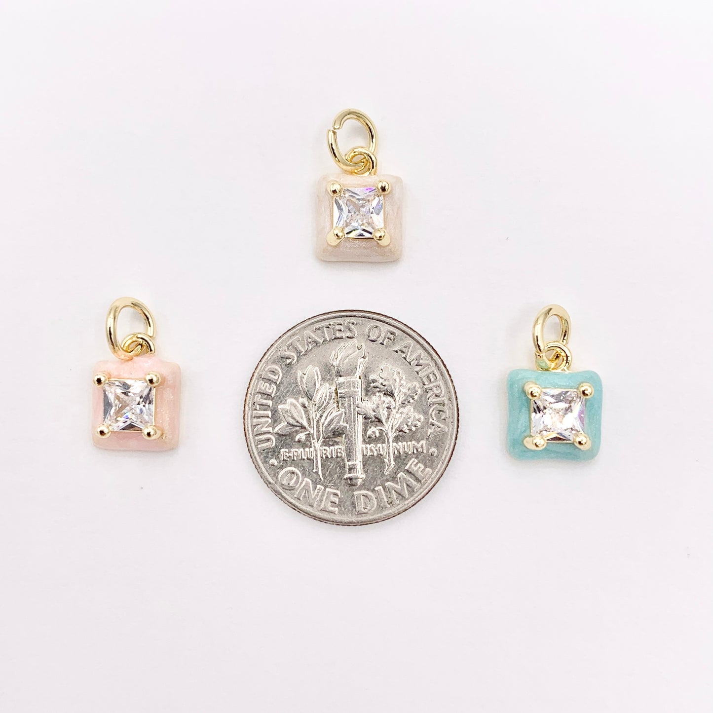Real Gold 18K Plated Enamel & CZ Pave Tiny Square Charm Over Copper 10 PCS