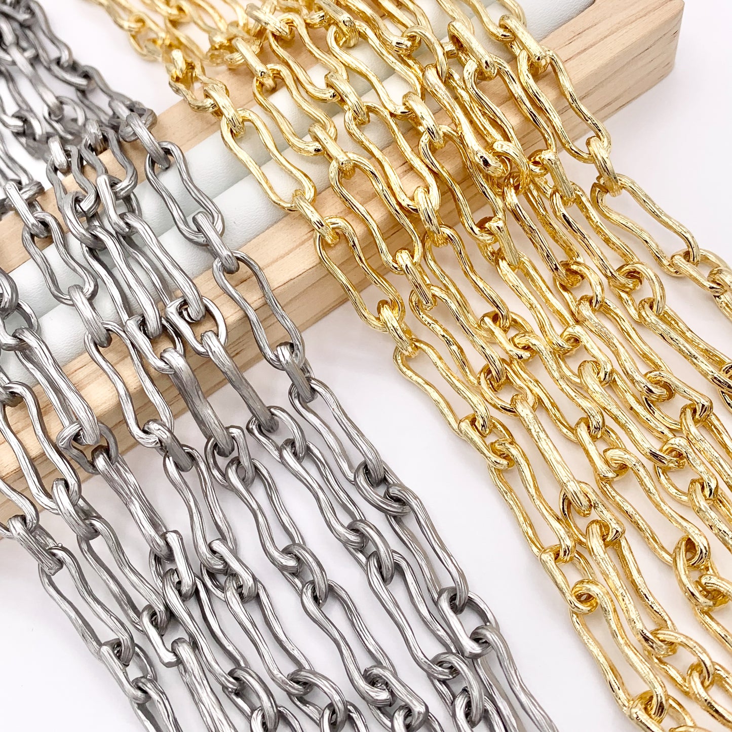 Textured Wavy Oval Link Chain in Real 18K Gold/Matte Silver Plated Copper By The Spool For Jewelry Making