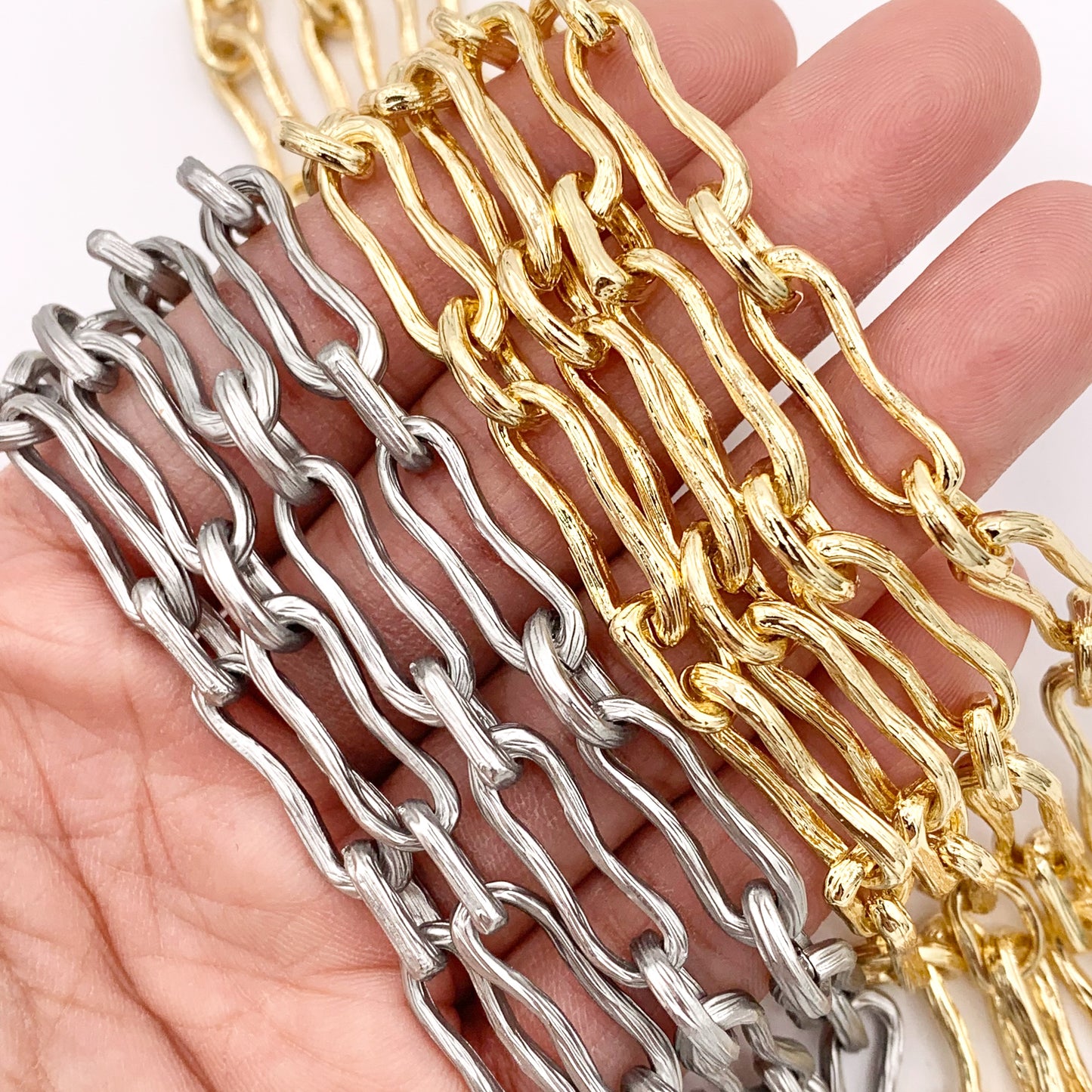 Textured Wavy Oval Link Chain in Real 18K Gold/Matte Silver Plated Copper By The Spool For Jewelry Making