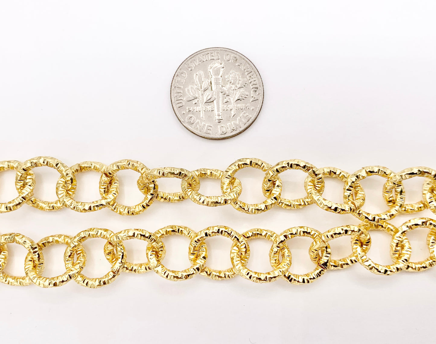 Textured Circle Link Chain in Real 18K Gold Plated Copper By The Spool For Jewelry Making