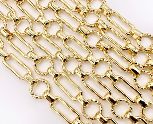Paperclip + Textured Circle Link Chain in Real 18K Gold Plated Copper By The Spool For Jewelry Making