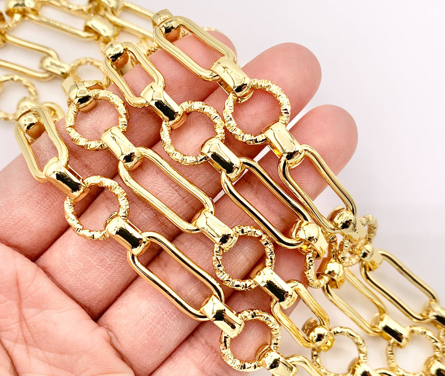 Paperclip + Textured Circle Link Chain in Real 18K Gold Plated Copper By The Spool For Jewelry Making